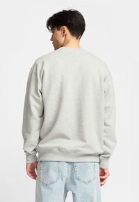 Lichtgrijze crewneck sweatshirt met lange mouwen, gemaakt van zachte stof. Heeft een geribbelde halslijn en tailleband. Draag het met vervaagde lichtblauwe jeans.