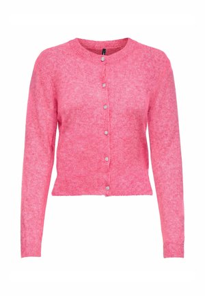 Cardigan rosa realizzato in tessuto a maglia testurizzata, con scollo rotondo e chiusura con sei bottoni decorativi, maniche lunghe, lunghezza cropped.