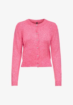 Roze cardigan gemaakt van een gestructureerde brei-stof, met een ronde halslijn en zes knoopsluitingen met decoratieve knopen, lange mouwen, cropped lengte.
