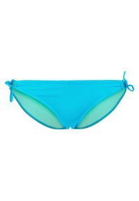 Turkise bikini-bukser med snore i hver side, med en glat tekstur og en kontrasterende indre foring i en lysere nuance.