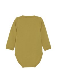Olivgrön långärmad bodysuit i mjukt bomullstyg, med rundad halsringning och tryckknappar i botten för enkel klädsel.
