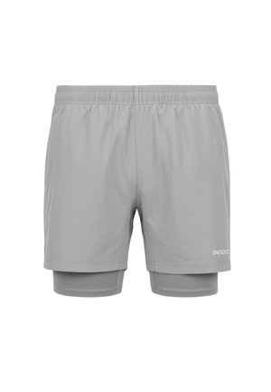 Light gray men's athletic shorts with elastic waistband and built-in compression shorts underneath, "Snocks" logo on hem.