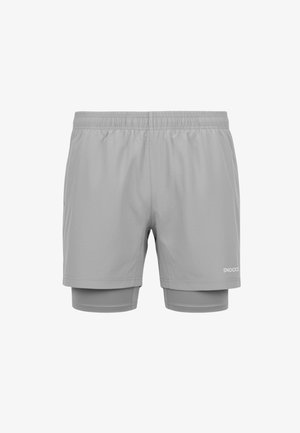 Lichtgrijze heren sportshorts met een elastische tailleband en ingebouwde compressieshorts eronder, "Snocks" logo op zoom.