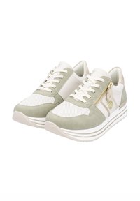 Green and white sneakers made of suede and mesh, featuring a zip detail, flat laces, and a layered sole design for added height.