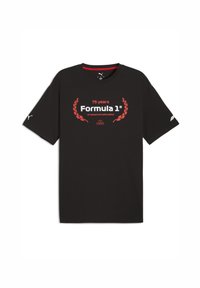 Sort bomulds T-shirt med korte ærmer, rund hals og et rødt grafisk print med laurbærdesign, der fejrer 75-års jubilæet for Formel 1.