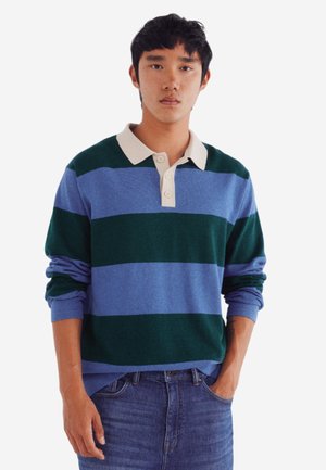 Long-sleeve polo sweater featuring green and blue horizontal stripes, a cream-colored collar, and a buttoned placket; soft knit texture.