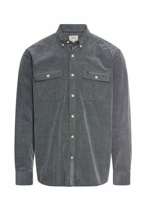 Donkergrijze corduroy shirt met lange mouwen, button-down kraag, twee voorzakken op de borst en witte knopen. Geverfde stof en rechte snit.