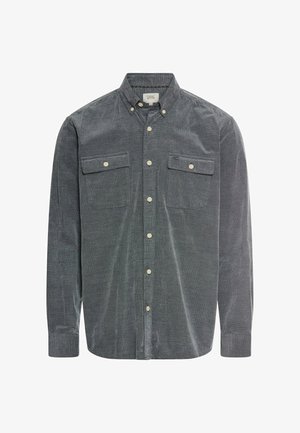 Dark gray corduroy shirt with long sleeves, button-down collar, two front chest pockets, and white buttons. Textured fabric and straight cut.