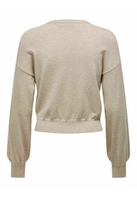 Pull court beige avec de longues manches bouffantes. Texture de tissu douce, design uni, avec un col rond et une finition côtelée.