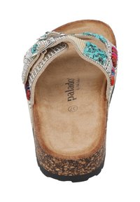 Sandal dai colori assortiti con suola in sughero, tommy strutturato con dettagli turchesi e decorativi, e una fibbia argentata sulla cinghia.