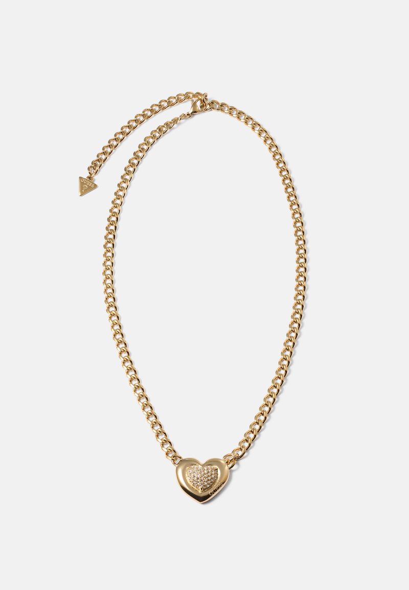 Gouden ketting met een hartvormige hanger bezaaid met kleine kristallen en een verstelbare sluiting met een driehoekige charme.