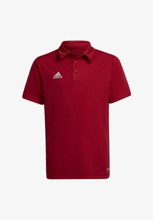 Rotes Polyester-Polohemd mit Kragen, kurzen Ärmeln, Knopfleiste mit drei Knöpfen und weißem Adidas-Logo auf der linken Brust.