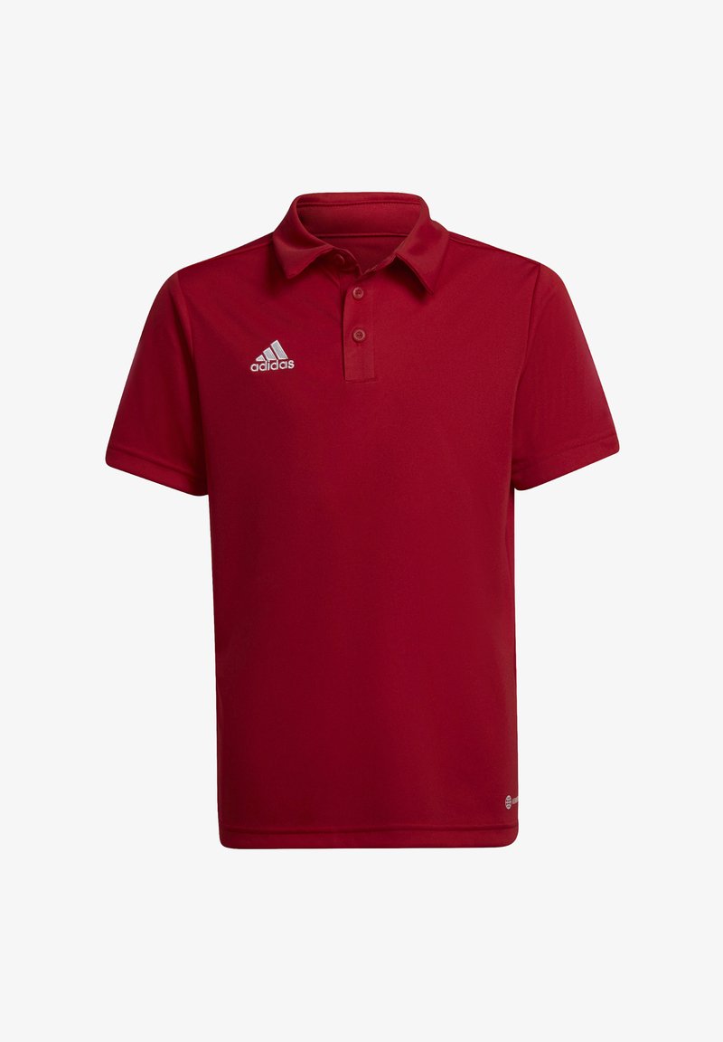 Polo shirt in poliestere rosso con colletto, maniche corte, pattina con tre bottoni e logo Adidas bianco sul lato sinistro del petto.