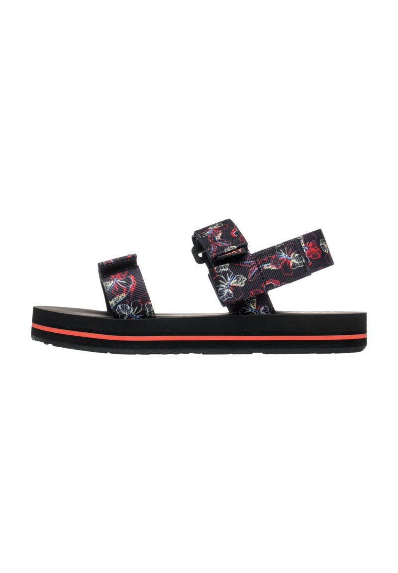 Mustad sandaalid lillelise mustriga rihmadega, millel on kaks reguleeritavat Velcro kinnitust. Paksem must tall, millel on punane aktsenttriip.