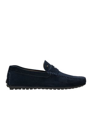 Marineblaue Wildleder Slipper mit Mokassin-Nähten, runder Zehenform und Gummisohle. Merkmale dekorative Nähte entlang der Kanten und ein dezentes Logo-Detail.