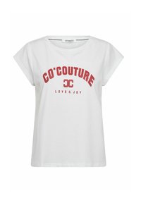 T-shirt en coton blanc à manches courtes, avec un imprimé graphique rouge portant l'inscription "CO'COUTURE LOVE & JOY" sur le devant.