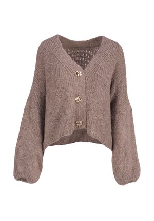Häkelstrickcardigan in einem sanften Taupe-Ton mit V-Ausschnitt, drei großen dekorativen Knöpfen und weiten Ärmeln; verkürztes Design und strukturierter Stoff.