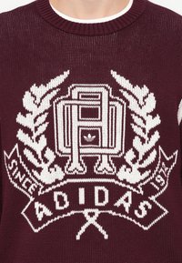 Burgundska pletena pulover z belim logotipom in lovorovimi vejicami ter besedilom "ADIDAS" na dnu. Okrogla ribasta ovratnika.