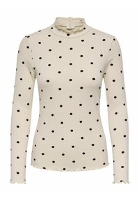 Top met lange mouwen van geribbelde crèmekleurige stof met zwarte polka dots, hoge gerimpelde kraag en gerimpelde manchetten.