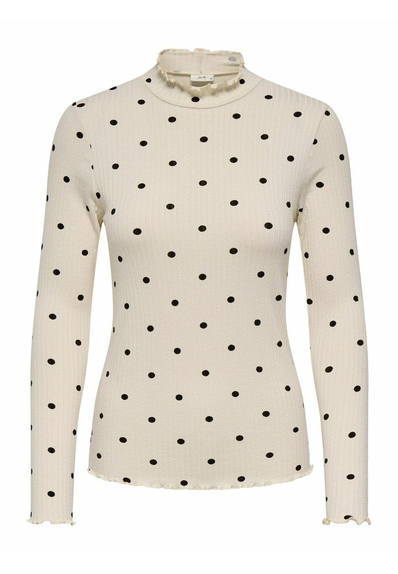 Top met lange mouwen van geribbelde crèmekleurige stof met zwarte polka dots, hoge gerimpelde kraag en gerimpelde manchetten.