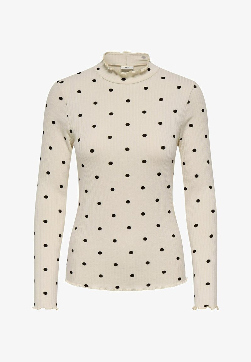 Top met lange mouwen van geribbelde crèmekleurige stof met zwarte polka dots, hoge gerimpelde kraag en gerimpelde manchetten.