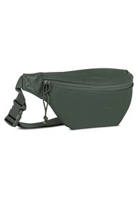 Marsupio verde in ecopelle con forma curvata, scomparto anteriore con zip e tracolla regolabile. Presenta un design minimalista e dettagli di cucitura.