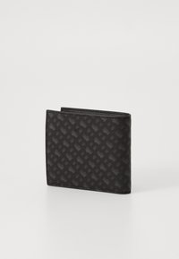 Black wallet made of textured material, featuring a patterned design. Folded bi-fold style with visible stitching and smooth edges.