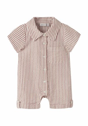 Babyromper med korte ermer med rosa og hvite vertikale striper, knapper foran, krage, brystlomme og mansjetter på benåpningene.