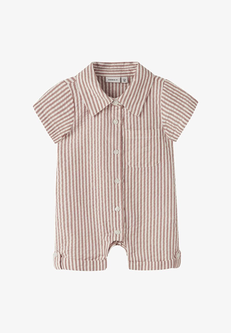 Detský overal s krátkymi rukávmi s ružovými a bielymi vertikálnymi pruhmi, gombíky vpredu, golier, náprsné vrecko a manžety na otvoroch nôh.