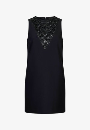 Ærmeløs sort kjole med et skinnende geometrisk diamantmønster på brystet og lynlåsbaglås.