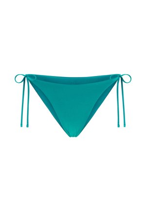 Tiefblaues Bikiniunterteil mit glatter Textur, seitlichen Bindebändern und einem niedrig geschnittenen Design. Geeignet für Bademode oder Strandnutzung.