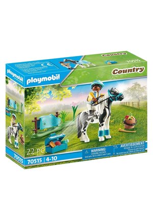 Playmobil horse set with black-and-white horse, rider in blue and yellow, accessories including a hay basket, fence, and grooming items.
