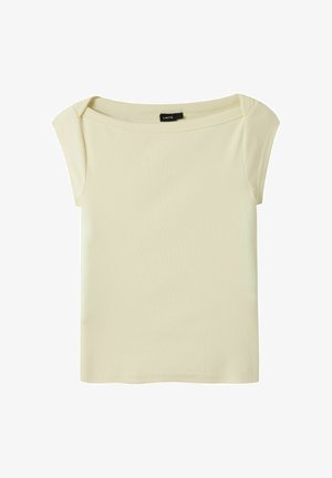 Haut court à manches courtes en maille côtelée crème avec un large col rond et une petite étiquette noire à l'intérieur du col.