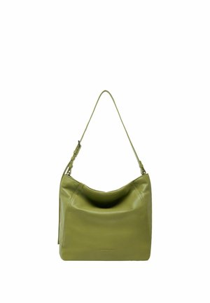 Sac à bandoulière en cuir vert olive avec sangle réglable et détails de surpiqûres subtils, conçu pour un usage quotidien.