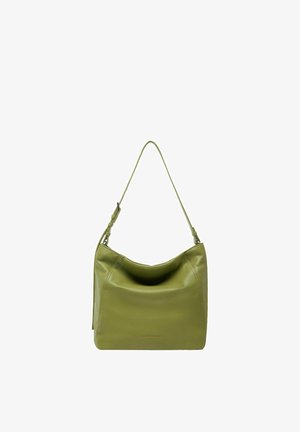 Borsa a tracolla in pelle verde oliva con tracolla regolabile e dettagli di cuciture sottili, progettata per l'uso quotidiano.
