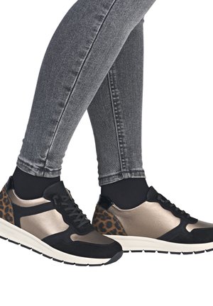 Black and metallic gold sneakers with a leopard print accent, featuring a textured finish, lace closure, and a cushioned sole.