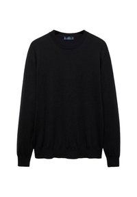 Maglione nero a maniche lunghe realizzato in tessuto morbido, con scollatura a girocollo e polsini e orlo a coste. Design semplice, senza motivi o loghi visibili.