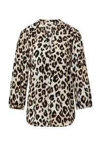 Bluse mit Leopardenmuster, V-Ausschnitt, dreiviertel Ärmeln und einer leicht lockeren Passform. Hat einen hellbeigen Hintergrund mit schwarzen und braunen Flecken.