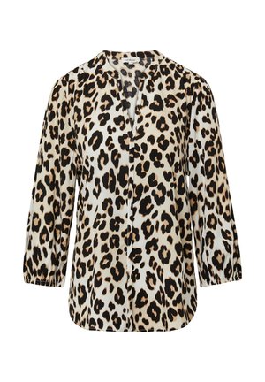 Leopard print blouse with a V-neck, three-quarter sleeves, and a slightly loose fit. Features a light beige background with black and brown spots.