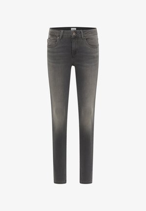 Kitsas lõikega tumesinised teksad, mis on varustatud klassikalise viie tasku disainiga, kerge pleekimisega ja tavalise vöökoha ning nuppude sulgemisega.