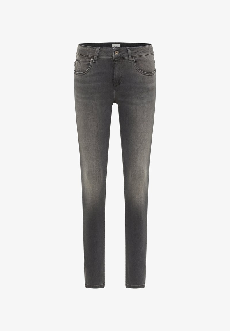 Kitsas lõikega tumesinised teksad, mis on varustatud klassikalise viie tasku disainiga, kerge pleekimisega ja tavalise vöökoha ning nuppude sulgemisega.