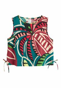 Bezrękawnikowy krótki top z kolorowymi abstrakcyjnymi wzorami liści w kolorach zielonym morskim, czerwonym, różowym, zielonym i czarnym, z wiązaniami na bokach u dołu.