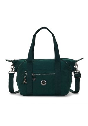 Sac à main vert foncé avec deux poignées supérieures, poche zippée à l'avant, bandoulière réglable et un petit porte-clés argenté attaché à l'avant.
