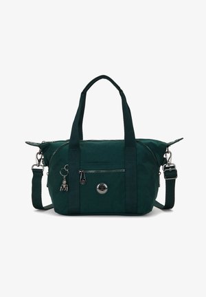 Sac à main vert foncé avec deux poignées supérieures, poche zippée à l'avant, bandoulière réglable et un petit porte-clés argenté attaché à l'avant.