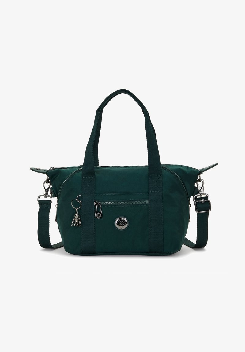 Sac à main vert foncé avec deux poignées supérieures, poche zippée à l'avant, bandoulière réglable et un petit porte-clés argenté attaché à l'avant.