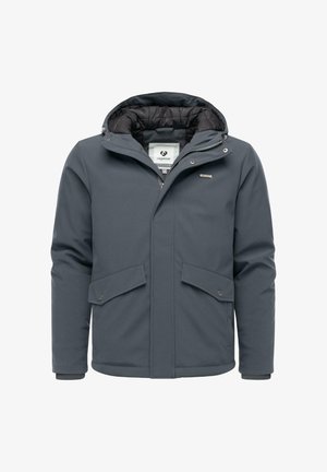 Mænds mørkegrå hættejakke til vinter med to frontlommer med klap, lynlås og trykknaplukning samt polstret indvendig for.