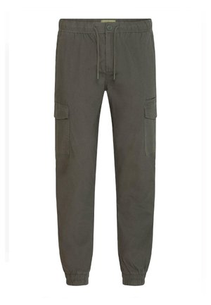 Pantalons cargo en vert olive foncé, dotés d'une taille élastique avec cordon de serrage, de poches latérales et de poignets élastiques. Tissu lisse et résistant.