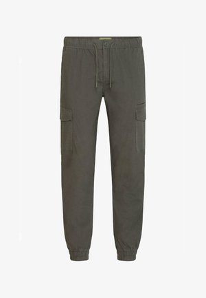 Cargo hlače u tamno maslinastoj boji, sa elastičnim pojasom i vezicom, bočnim džepovima i elastičnim manžetama. Glatka, izdržljiva tkanina.