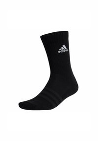 Calcetín deportivo negro con textura acanalada, logotipo en blanco y tres rayas horizontales cerca del tobillo. Longitud estándar de tipo crew.