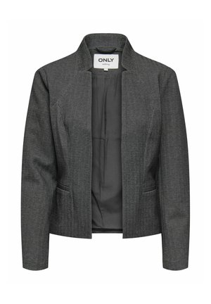 Individualiai pritaikytas tamsiai pilkas herringbone rašto švarkas su įpjautos formos apykakle, atvira priekiu, ilgomis rankovėmis ir šoninėmis kišenėmis, viduje be pamušalo.